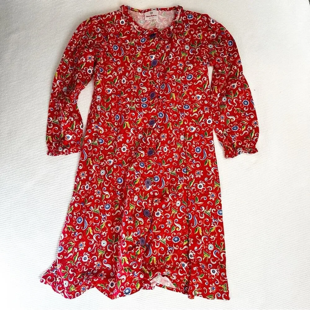 Hanna Andersson Red Floral Long Sleeve Ruffle Button Front Dress Size 130